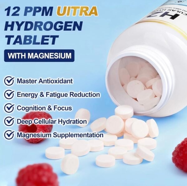 Molecular Hydrogen Tablets (12 PPM) - 120 Count High Potency H2 Supplement with Magnesium - Fast Dissolving Hydrogen Water