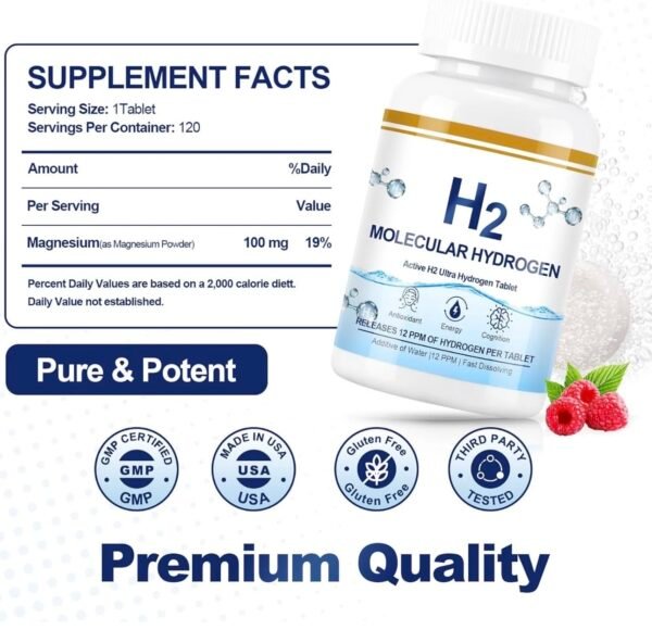 Molecular Hydrogen Tablets (12 PPM) - 120 Count High Potency H2 Supplement with Magnesium - Fast Dissolving Hydrogen Water
